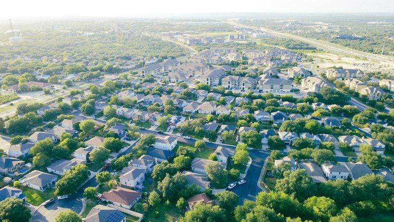 Katy neighborhoods spread out below on a hazy morning