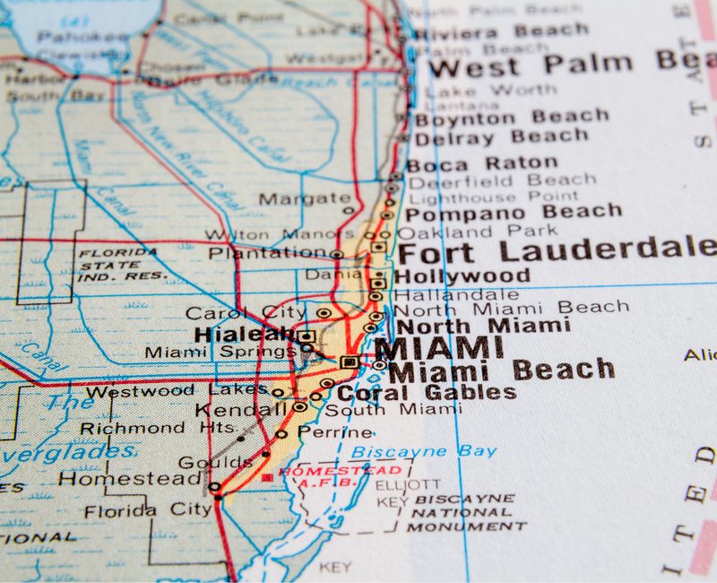 Road map of South Florida from Homestead through Miami and Fort Lauderdale to West Palm Beach